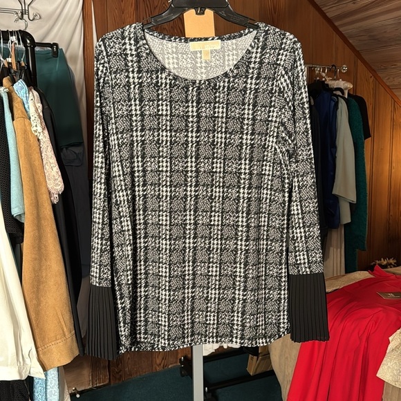 Michael Kors Tweed Print Blouse Top – Black & Cream Long Sleeve, Size Medium - Picture 3 of 6